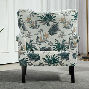English Elm Mid-Century Modern Wingback Armchair Upholstered Club Seat with Tapered Wood Legs Green Leaves B2735P510334