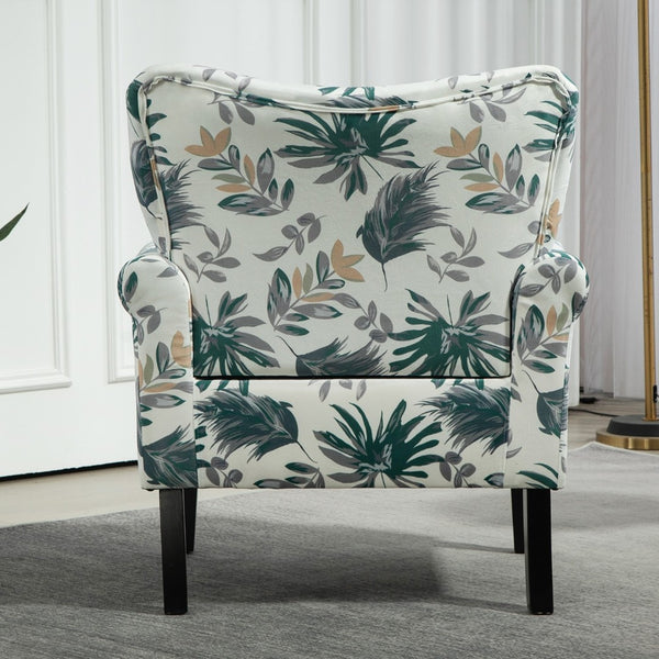 English Elm Mid-Century Modern Wingback Armchair Upholstered Club Seat with Tapered Wood Legs Green Leaves B2735P510334