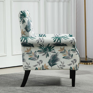 English Elm Mid-Century Modern Wingback Armchair Upholstered Club Seat with Tapered Wood Legs Green Leaves B2735P510334