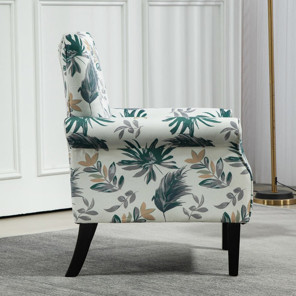 English Elm Mid-Century Modern Wingback Armchair Upholstered Club Seat with Tapered Wood Legs Green Leaves B2735P510334