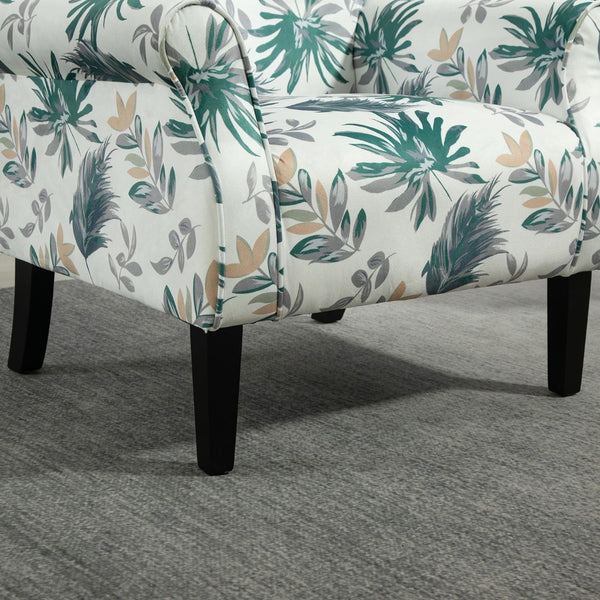 English Elm Mid-Century Modern Wingback Armchair Upholstered Club Seat with Tapered Wood Legs Green Leaves B2735P510334