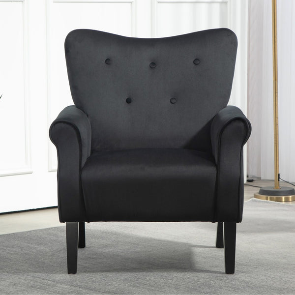English Elm Mid-Century Modern Wingback Armchair Upholstered Club Seat with Tapered Wood Legs Black B2735P510335