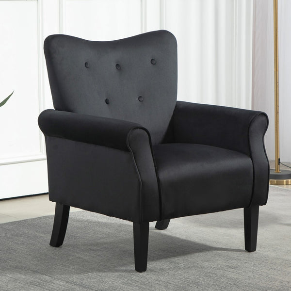 English Elm Mid-Century Modern Wingback Armchair Upholstered Club Seat with Tapered Wood Legs Black B2735P510335