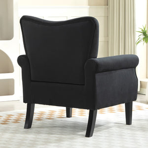 English Elm Mid-Century Modern Wingback Armchair Upholstered Club Seat with Tapered Wood Legs Black B2735P510335