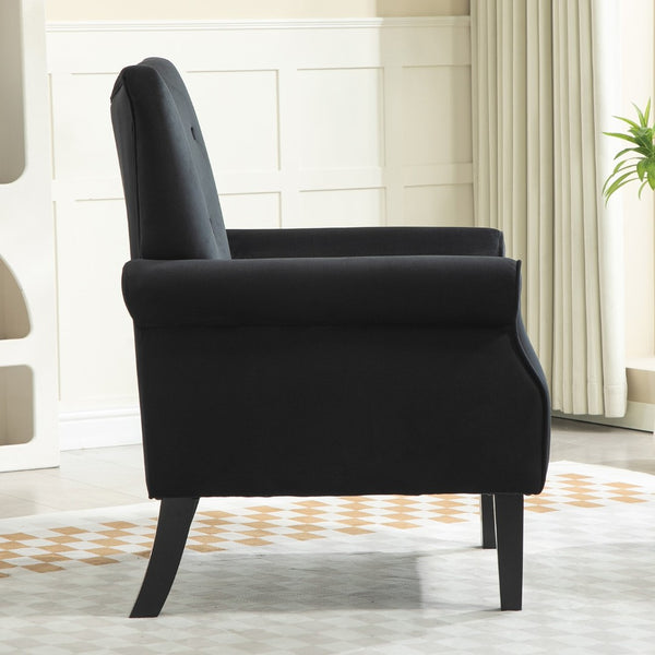English Elm Mid-Century Modern Wingback Armchair Upholstered Club Seat with Tapered Wood Legs Black B2735P510335
