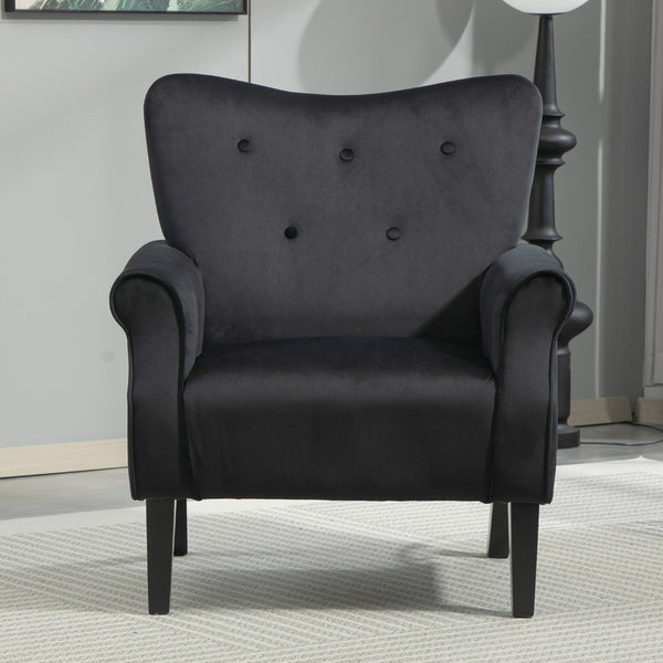English Elm Mid-Century Modern Wingback Armchair Upholstered Club Seat with Tapered Wood Legs Black B2735P510335
