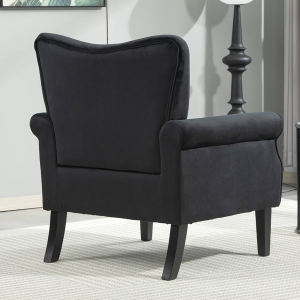 English Elm Mid-Century Modern Wingback Armchair Upholstered Club Seat with Tapered Wood Legs Black B2735P510335
