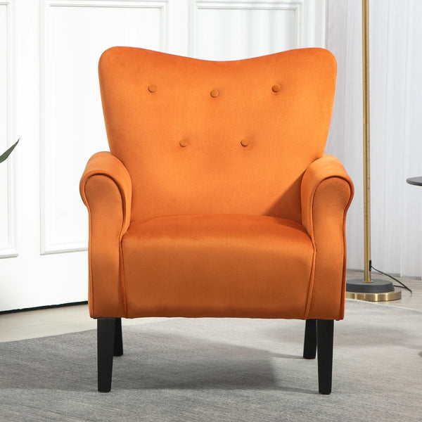 English Elm Mid-Century Modern Wingback Armchair Upholstered Club Seat with Tapered Wood Legs Orange B2735P510336