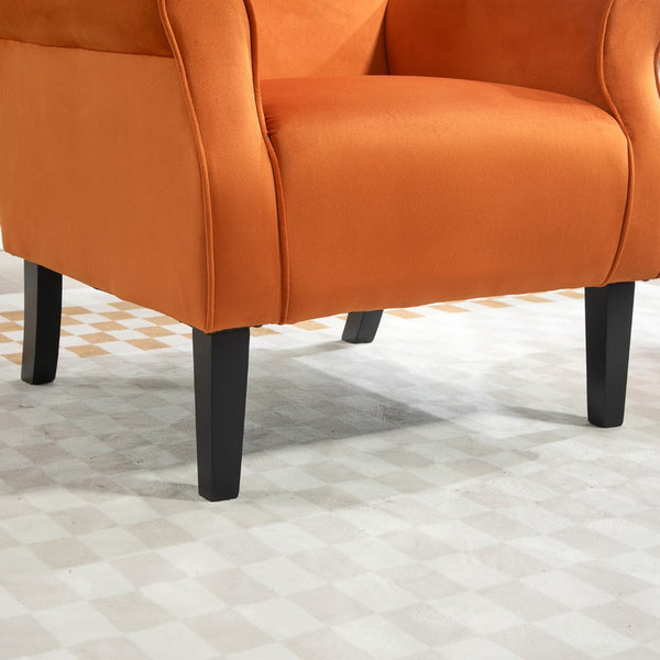English Elm Mid-Century Modern Wingback Armchair Upholstered Club Seat with Tapered Wood Legs Orange B2735P510336