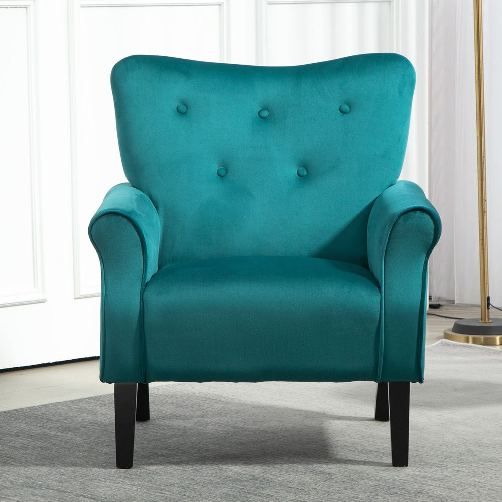 English Elm Mid-Century Modern Wingback Armchair Upholstered Club Seat with Tapered Wood Legs Teal B2735P510337