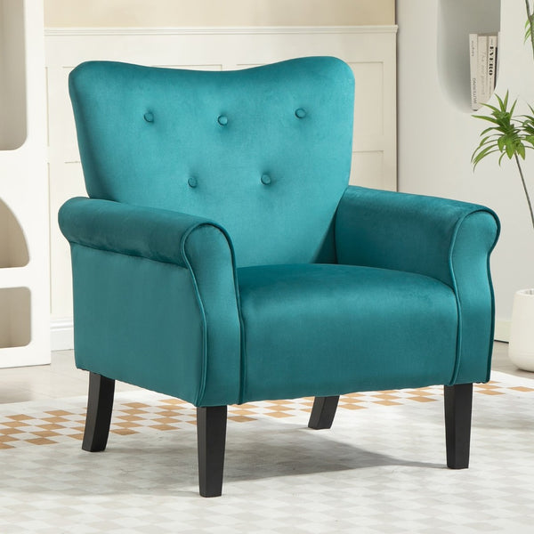 English Elm Mid-Century Modern Wingback Armchair Upholstered Club Seat with Tapered Wood Legs Teal B2735P510337