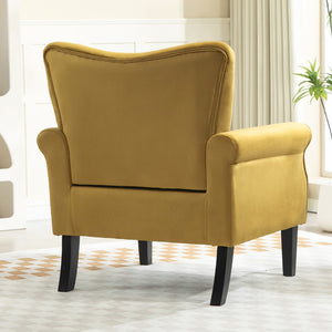 English Elm Mid-Century Modern Wingback Armchair Upholstered Club Seat with Tapered Wood Legs Mustard yellow B2735P510338