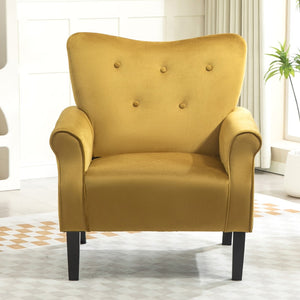 English Elm Mid-Century Modern Wingback Armchair Upholstered Club Seat with Tapered Wood Legs Mustard yellow B2735P510338