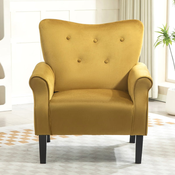 English Elm Mid-Century Modern Wingback Armchair Upholstered Club Seat with Tapered Wood Legs Mustard yellow B2735P510338