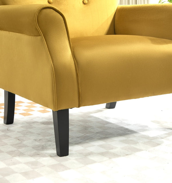 English Elm Mid-Century Modern Wingback Armchair Upholstered Club Seat with Tapered Wood Legs Mustard yellow B2735P510338