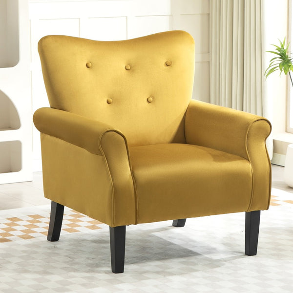 English Elm Mid-Century Modern Wingback Armchair Upholstered Club Seat with Tapered Wood Legs Mustard yellow B2735P510338