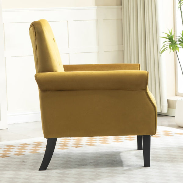English Elm Mid-Century Modern Wingback Armchair Upholstered Club Seat with Tapered Wood Legs Mustard yellow B2735P510338