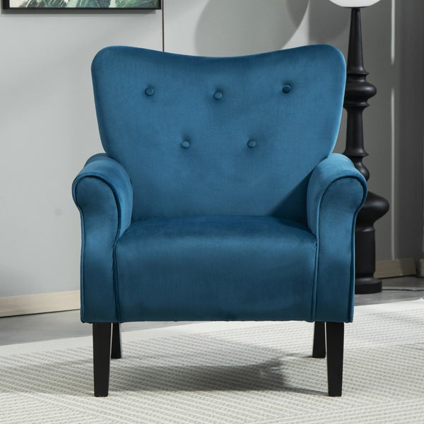 English Elm Mid-Century Modern Wingback Armchair Upholstered Club Seat with Tapered Wood Legs Navy B2735P510339