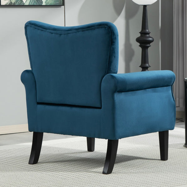 English Elm Mid-Century Modern Wingback Armchair Upholstered Club Seat with Tapered Wood Legs Navy B2735P510339