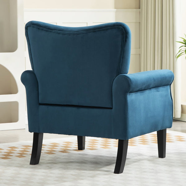 English Elm Mid-Century Modern Wingback Armchair Upholstered Club Seat with Tapered Wood Legs Navy B2735P510339