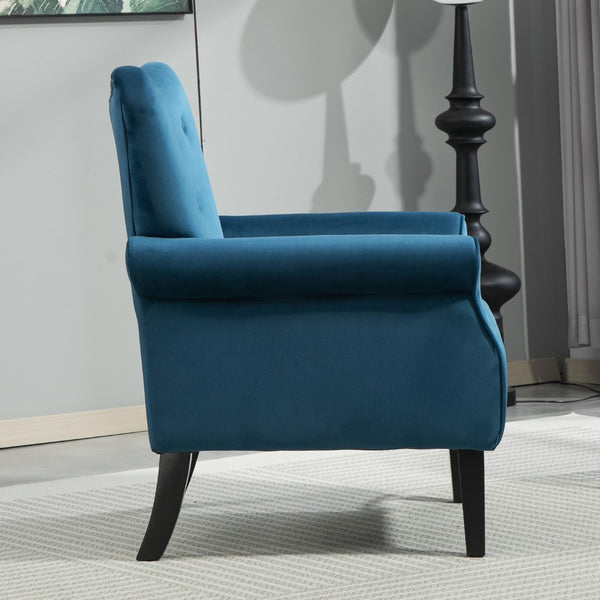 English Elm Mid-Century Modern Wingback Armchair Upholstered Club Seat with Tapered Wood Legs Navy B2735P510339