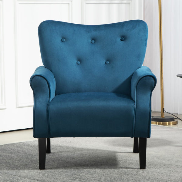 English Elm Mid-Century Modern Wingback Armchair Upholstered Club Seat with Tapered Wood Legs Navy B2735P510339