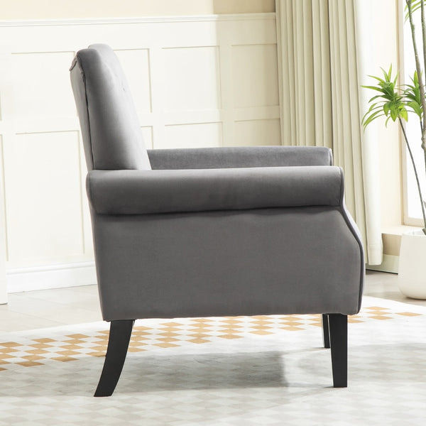 English Elm Mid-Century Modern Wingback Armchair Upholstered Club Seat with Tapered Wood Legs Grey B2735P510340