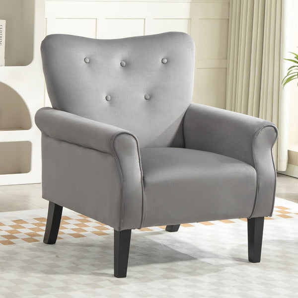 English Elm Mid-Century Modern Wingback Armchair Upholstered Club Seat with Tapered Wood Legs Grey B2735P510340