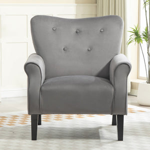 English Elm Mid-Century Modern Wingback Armchair Upholstered Club Seat with Tapered Wood Legs Grey B2735P510340
