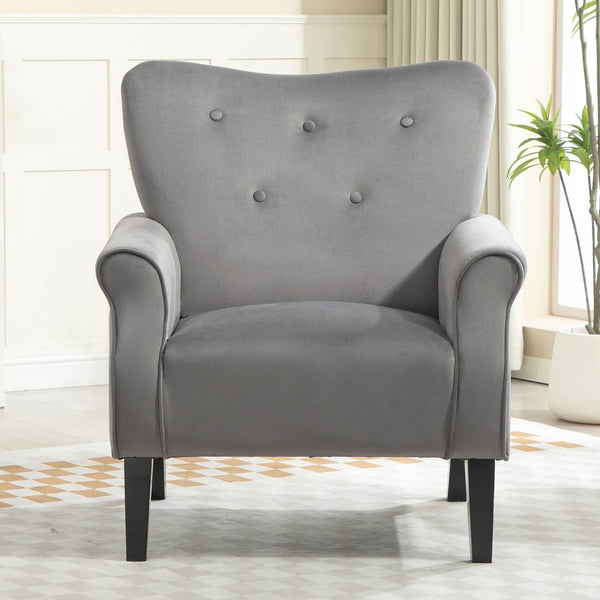 English Elm Mid-Century Modern Wingback Armchair Upholstered Club Seat with Tapered Wood Legs Grey B2735P510340