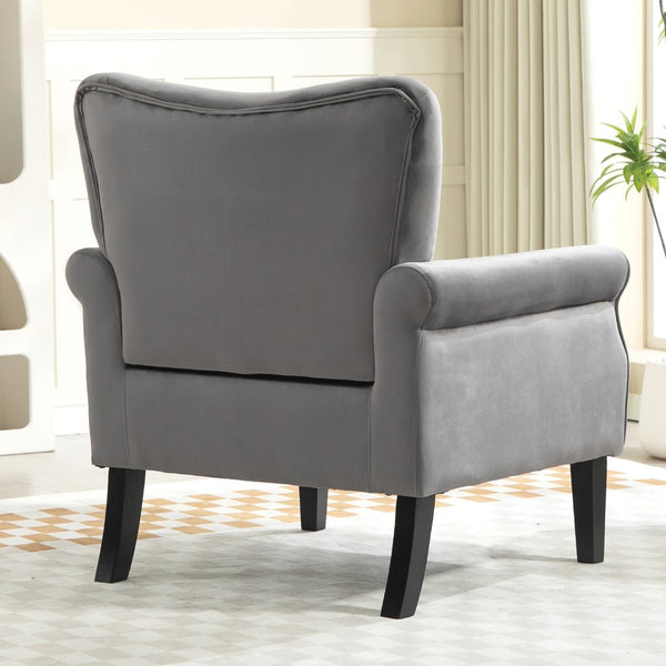 English Elm Mid-Century Modern Wingback Armchair Upholstered Club Seat with Tapered Wood Legs Grey B2735P510340