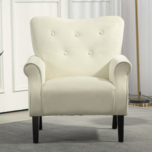 English Elm Mid-Century Modern Wingback Armchair Upholstered Club Seat with Tapered Wood Legs Ivory B2735P510341