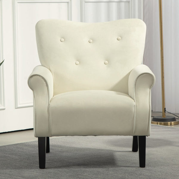 English Elm Mid-Century Modern Wingback Armchair Upholstered Club Seat with Tapered Wood Legs Ivory B2735P510341