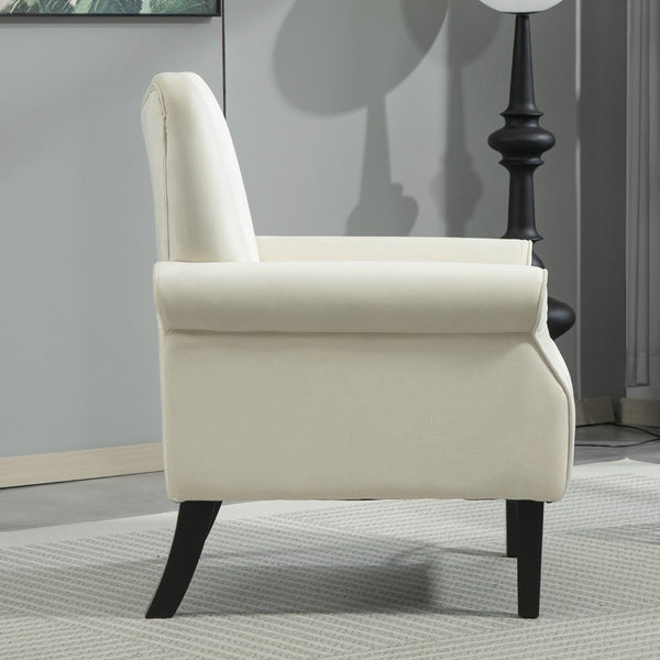 English Elm Mid-Century Modern Wingback Armchair Upholstered Club Seat with Tapered Wood Legs Ivory B2735P510341
