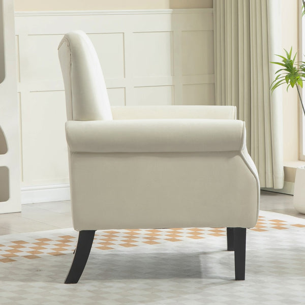 English Elm Mid-Century Modern Wingback Armchair Upholstered Club Seat with Tapered Wood Legs Ivory B2735P510341