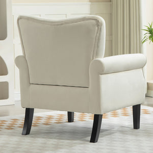 English Elm Mid-Century Modern Wingback Armchair Upholstered Club Seat with Tapered Wood Legs Ivory B2735P510341