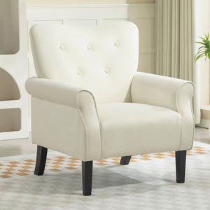 English Elm Mid-Century Modern Wingback Armchair Upholstered Club Seat with Tapered Wood Legs Ivory B2735P510341