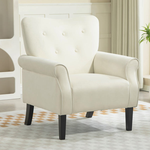 English Elm Mid-Century Modern Wingback Armchair Upholstered Club Seat with Tapered Wood Legs Ivory B2735P510341