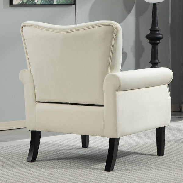 English Elm Mid-Century Modern Wingback Armchair Upholstered Club Seat with Tapered Wood Legs Ivory B2735P510341