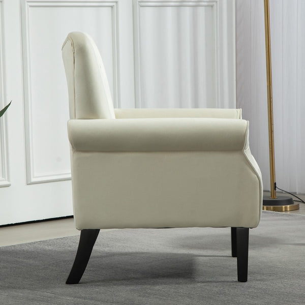 English Elm Mid-Century Modern Wingback Armchair Upholstered Club Seat with Tapered Wood Legs Ivory B2735P510341