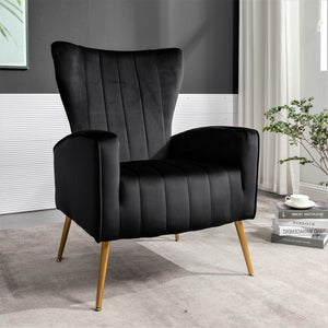 English Elm Velvet Wingback Accent Chair Solid Wood Frame Tapered Metal Legs for Bedroom or Living Room Black B2735P510416