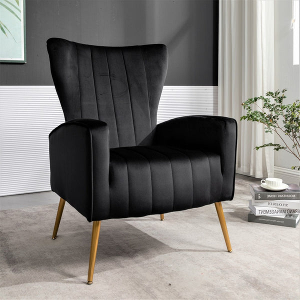 English Elm Velvet Wingback Accent Chair Solid Wood Frame Tapered Metal Legs for Bedroom or Living Room Black B2735P510416