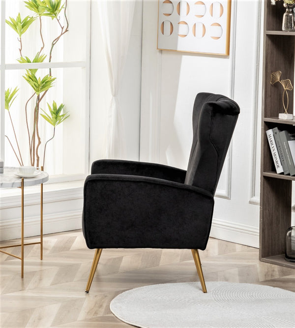 English Elm Velvet Wingback Accent Chair Solid Wood Frame Tapered Metal Legs for Bedroom or Living Room Black B2735P510416