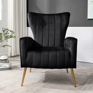 English Elm Velvet Wingback Accent Chair Solid Wood Frame Tapered Metal Legs for Bedroom or Living Room Black B2735P510416
