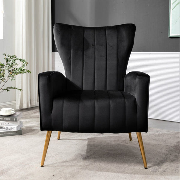 English Elm Velvet Wingback Accent Chair Solid Wood Frame Tapered Metal Legs for Bedroom or Living Room Black B2735P510416