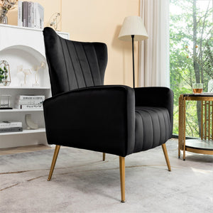 English Elm Velvet Wingback Accent Chair Solid Wood Frame Tapered Metal Legs for Bedroom or Living Room Black B2735P510416