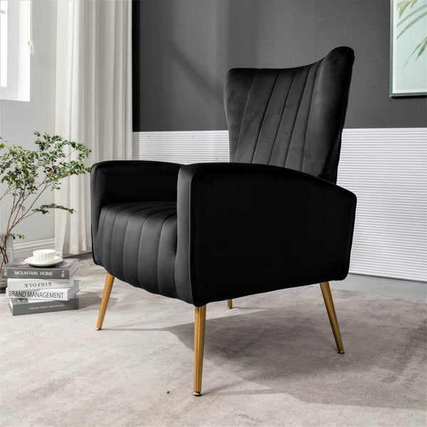 English Elm Velvet Wingback Accent Chair Solid Wood Frame Tapered Metal Legs for Bedroom or Living Room Black B2735P510416