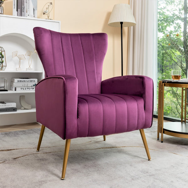 English Elm Velvet Wingback Accent Chair Solid Wood Frame Tapered Metal Legs for Bedroom or Living Room Purple B2735P510417