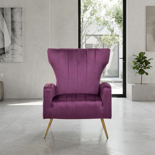 English Elm Velvet Wingback Accent Chair Solid Wood Frame Tapered Metal Legs for Bedroom or Living Room Purple B2735P510417