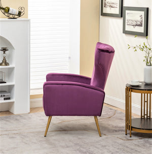English Elm Velvet Wingback Accent Chair Solid Wood Frame Tapered Metal Legs for Bedroom or Living Room Purple B2735P510417